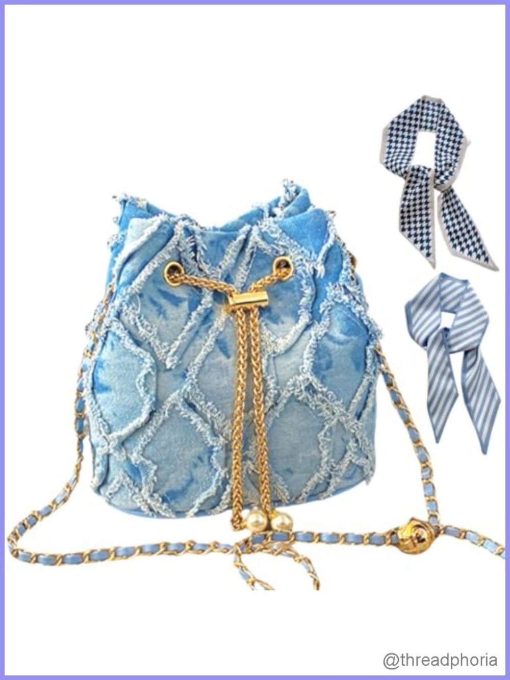 Quilted Drawstring Denim Bucket Bag Crossbody Purse with Hair Scarves
